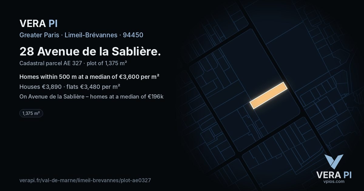 28 Avenue de la Sablière, Limeil-Brévannes at night – the plot lit, the parcels around coloured by the prices near them