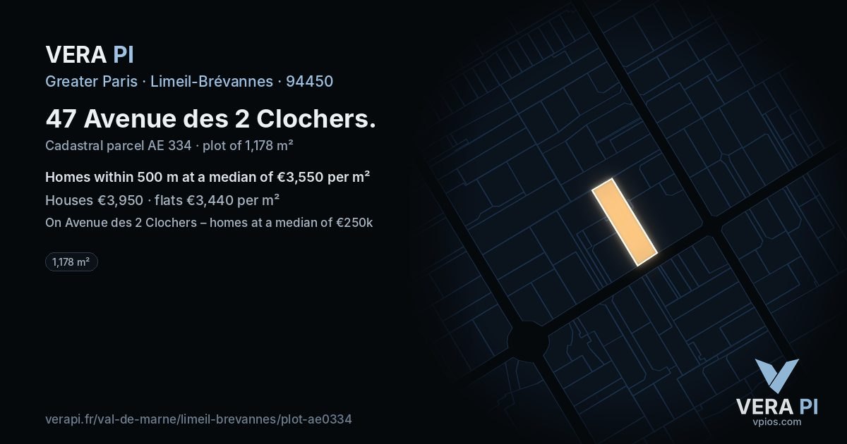 47 Avenue des 2 Clochers, Limeil-Brévannes at night – the plot lit, the parcels around coloured by the prices near them