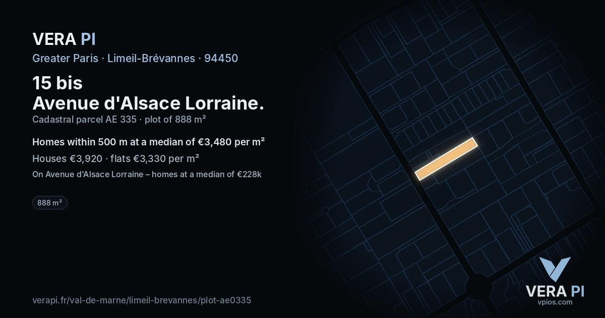 15 bis Avenue d'Alsace Lorraine, Limeil-Brévannes at night – the plot lit, the parcels around coloured by the prices near them