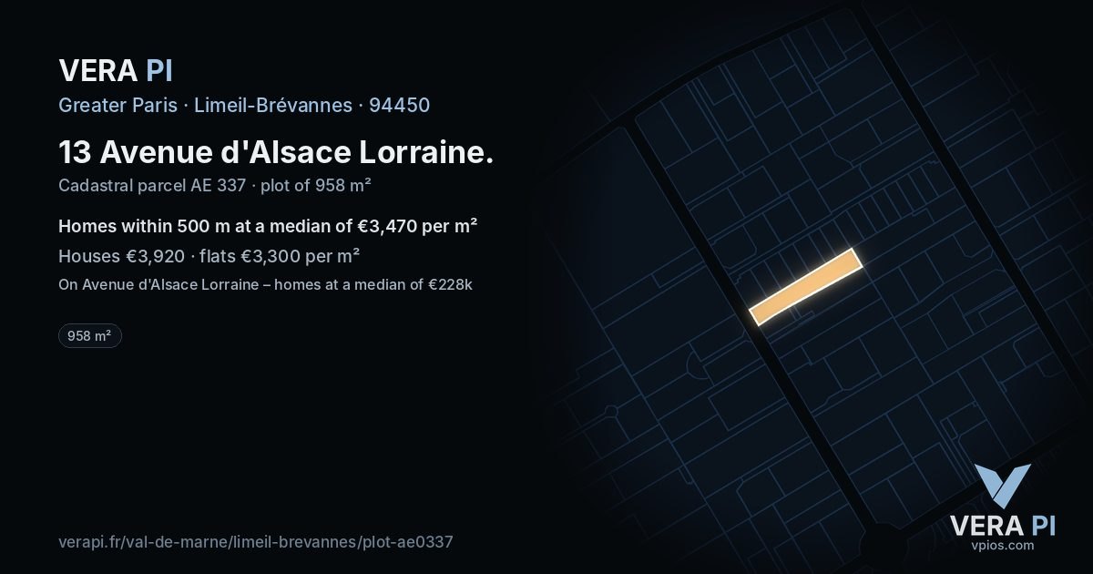 13 Avenue d'Alsace Lorraine, Limeil-Brévannes at night – the plot lit, the parcels around coloured by the prices near them