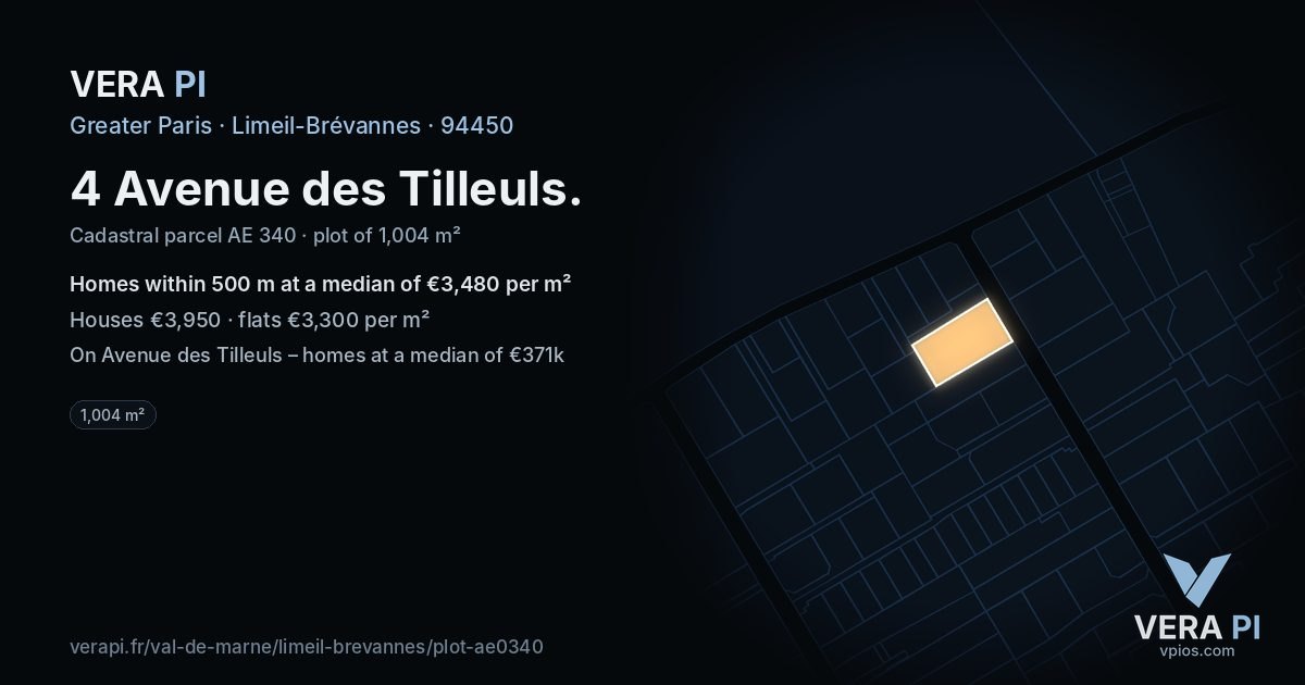 4 Avenue des Tilleuls, Limeil-Brévannes at night – the plot lit, the parcels around coloured by the prices near them