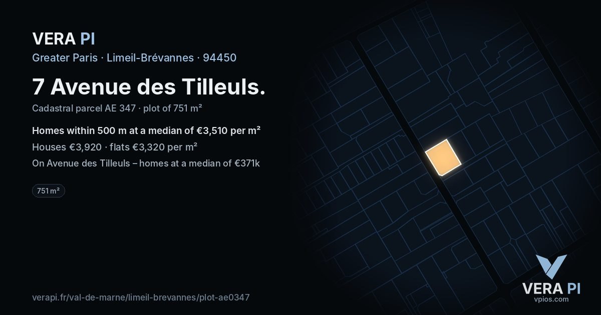 7 Avenue des Tilleuls, Limeil-Brévannes at night – the plot lit, the parcels around coloured by the prices near them