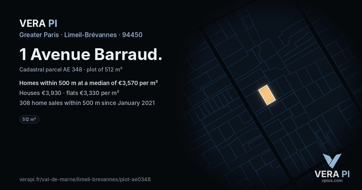 1 Avenue Barraud, Limeil-Brévannes at night – the plot lit, the parcels around coloured by the prices near them