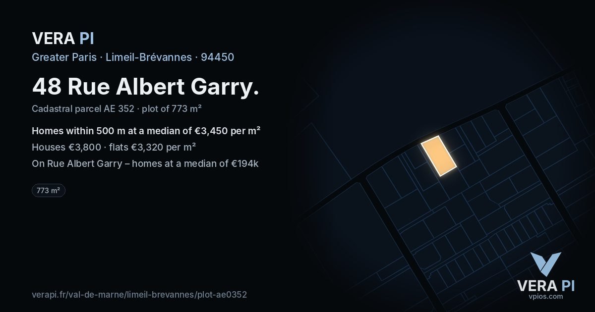48 Rue Albert Garry, Limeil-Brévannes at night – the plot lit, the parcels around coloured by the prices near them