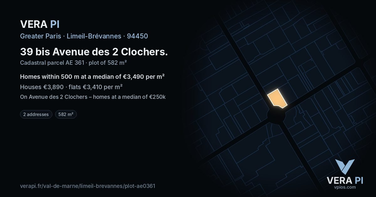 39 bis Avenue des 2 Clochers, Limeil-Brévannes at night – the plot lit, the parcels around coloured by the prices near them