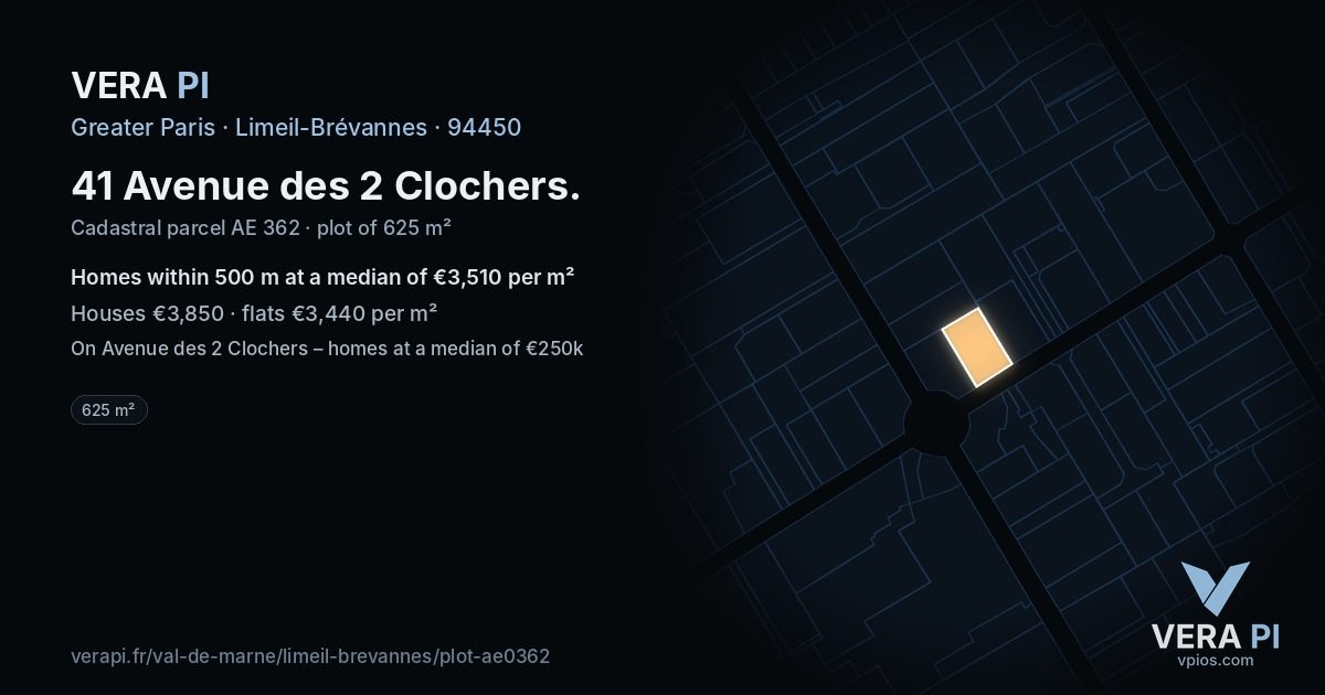 41 Avenue des 2 Clochers, Limeil-Brévannes at night – the plot lit, the parcels around coloured by the prices near them