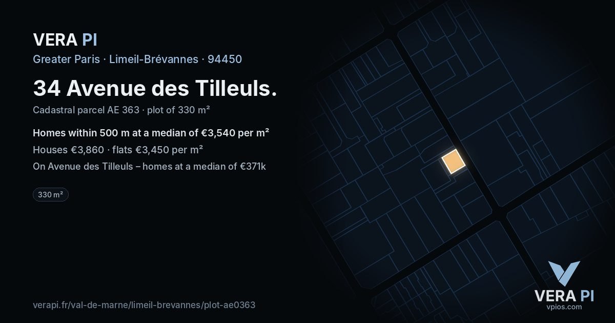 34 Avenue des Tilleuls, Limeil-Brévannes at night – the plot lit, the parcels around coloured by the prices near them
