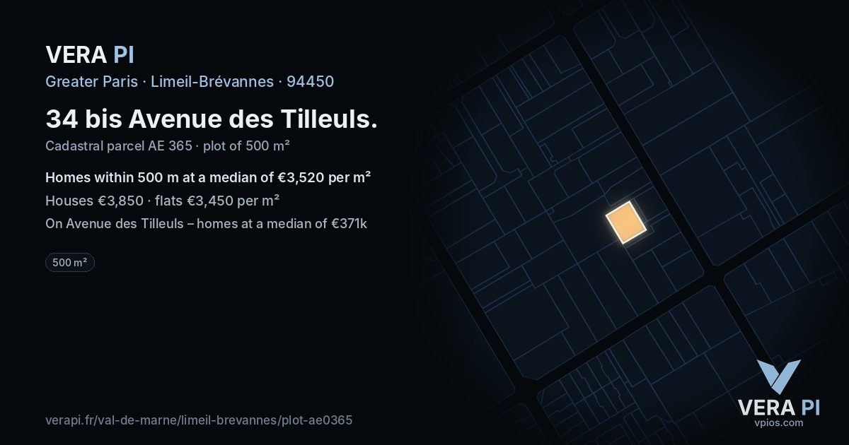 34 bis Avenue des Tilleuls, Limeil-Brévannes at night – the plot lit, the parcels around coloured by the prices near them