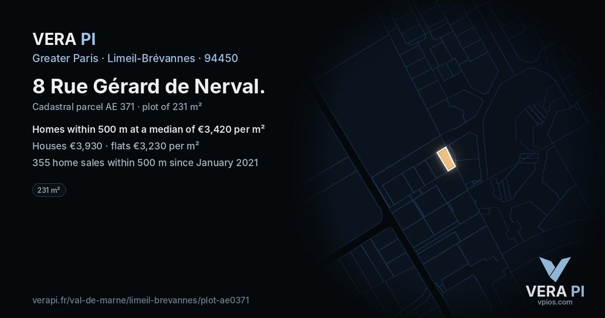 8 Rue Gérard de Nerval, Limeil-Brévannes at night – the plot lit, the parcels around coloured by the prices near them