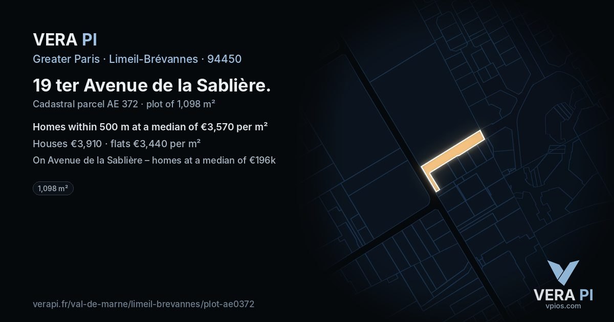 19 ter Avenue de la Sablière, Limeil-Brévannes at night – the plot lit, the parcels around coloured by the prices near them