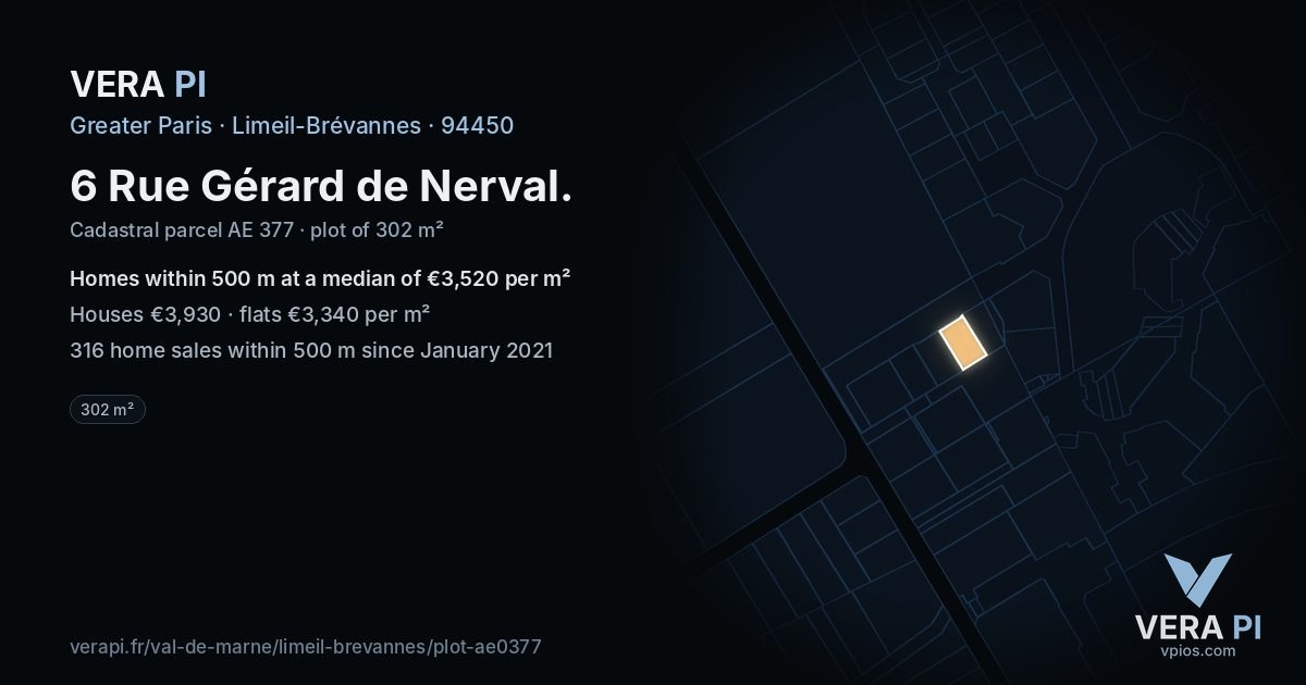 6 Rue Gérard de Nerval, Limeil-Brévannes at night – the plot lit, the parcels around coloured by the prices near them