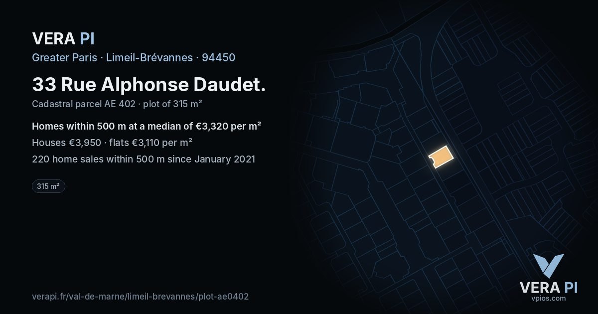 33 Rue Alphonse Daudet, Limeil-Brévannes at night – the plot lit, the parcels around coloured by the prices near them