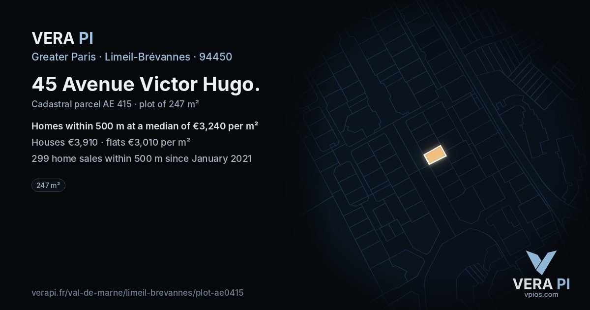45 Avenue Victor Hugo, Limeil-Brévannes at night – the plot lit, the parcels around coloured by the prices near them