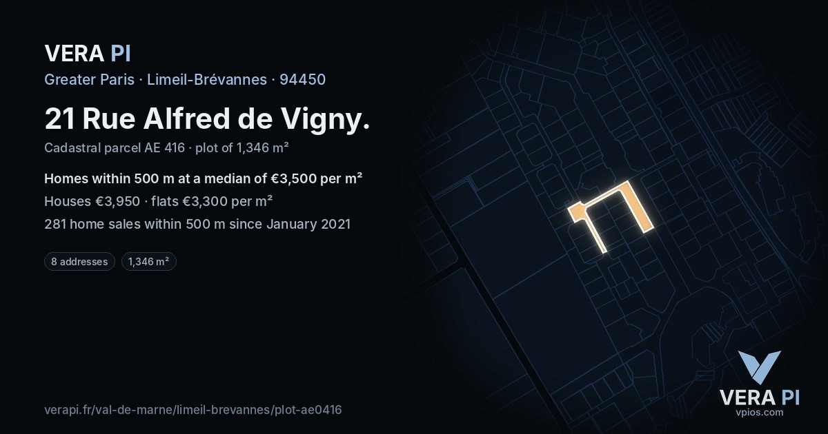 21 Rue Alfred de Vigny, Limeil-Brévannes at night – the plot lit, the parcels around coloured by the prices near them