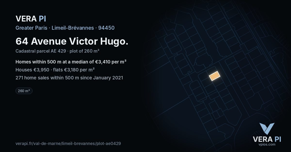 64 Avenue Victor Hugo, Limeil-Brévannes at night – the plot lit, the parcels around coloured by the prices near them