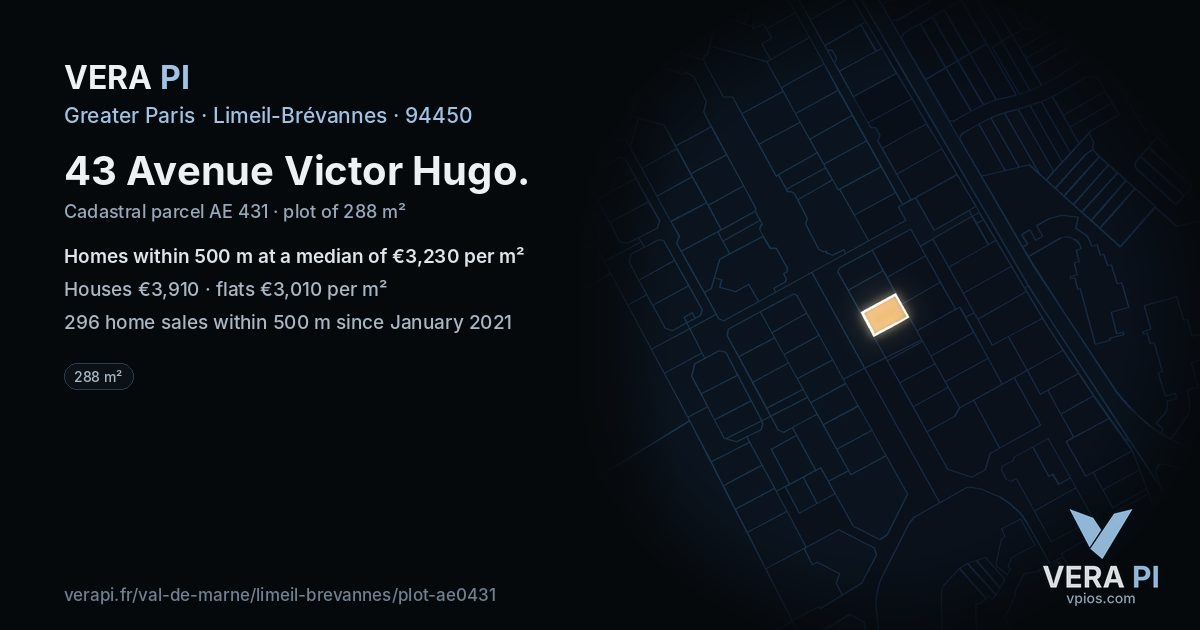 43 Avenue Victor Hugo, Limeil-Brévannes at night – the plot lit, the parcels around coloured by the prices near them