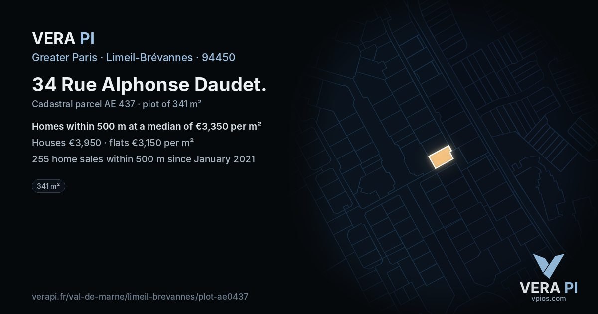 34 Rue Alphonse Daudet, Limeil-Brévannes at night – the plot lit, the parcels around coloured by the prices near them