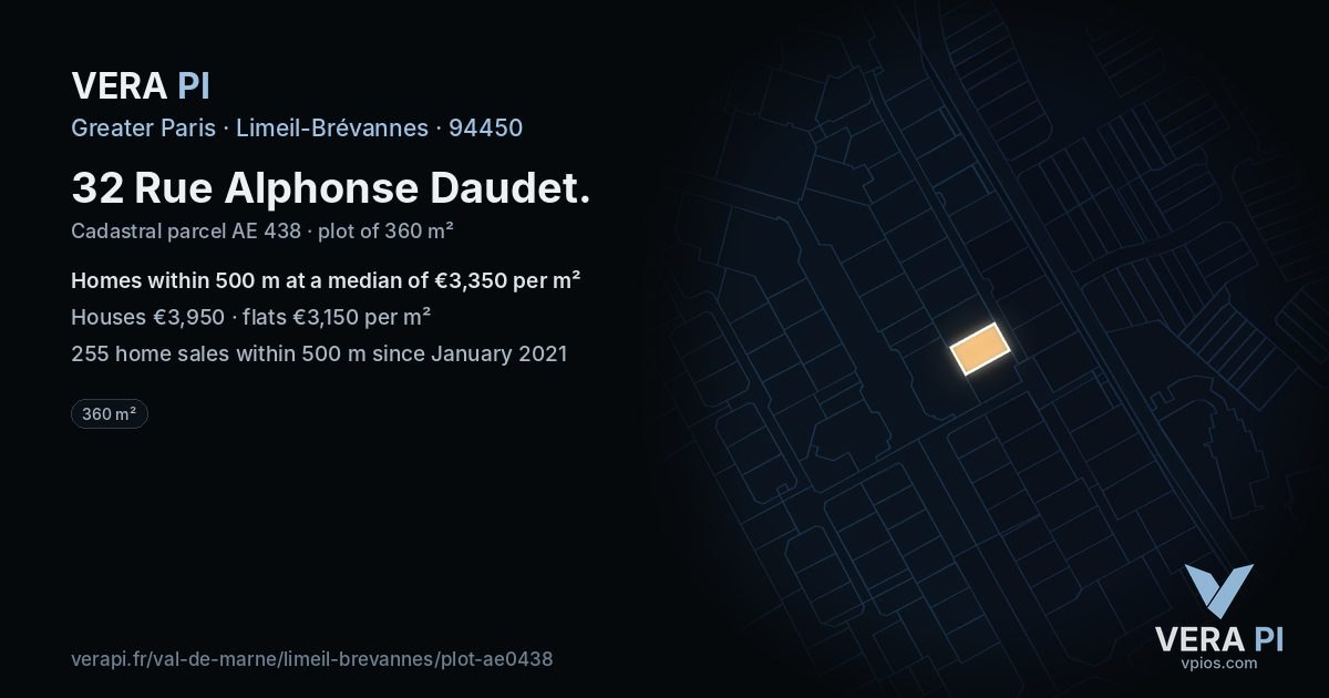 32 Rue Alphonse Daudet, Limeil-Brévannes at night – the plot lit, the parcels around coloured by the prices near them