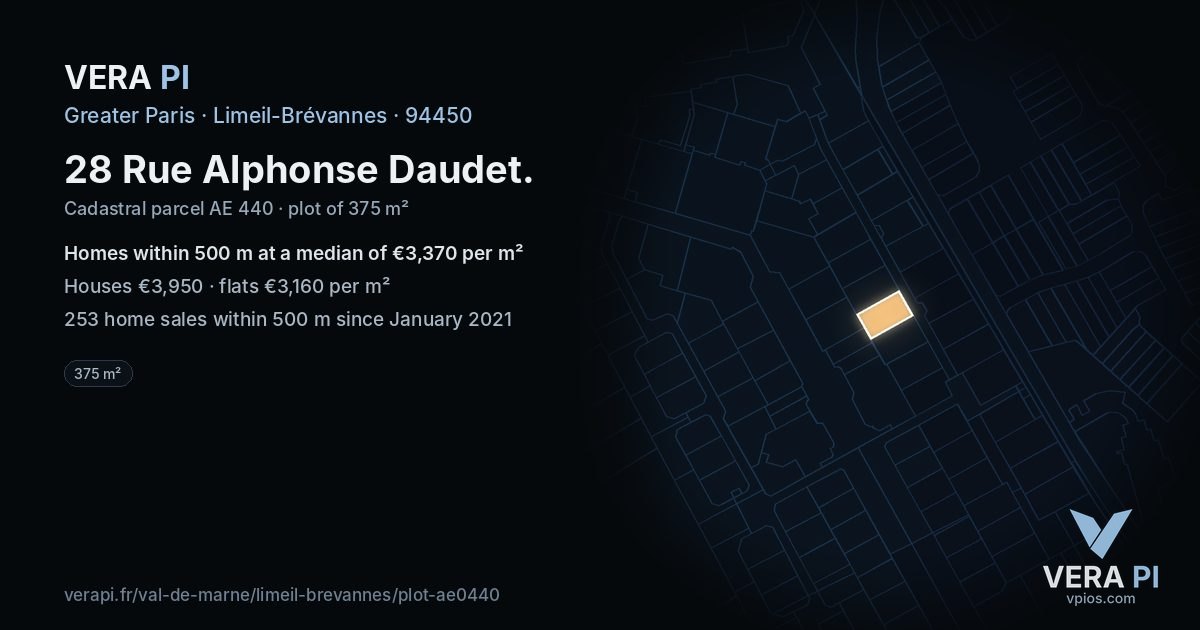 28 Rue Alphonse Daudet, Limeil-Brévannes at night – the plot lit, the parcels around coloured by the prices near them