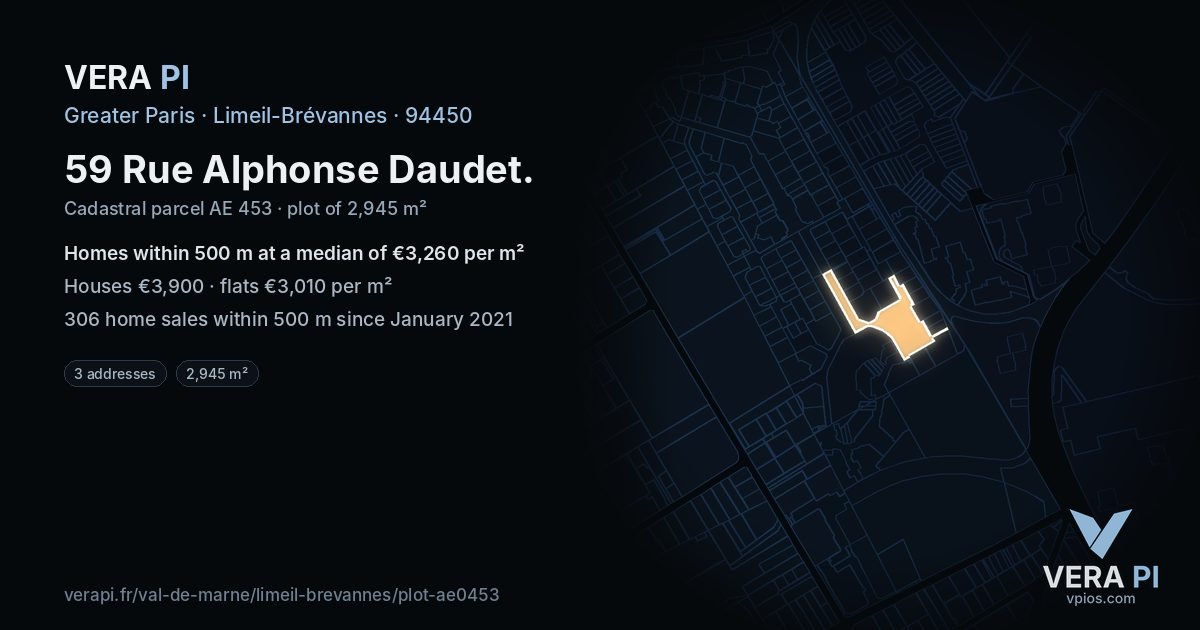 59 Rue Alphonse Daudet, Limeil-Brévannes at night – the plot lit, the parcels around coloured by the prices near them
