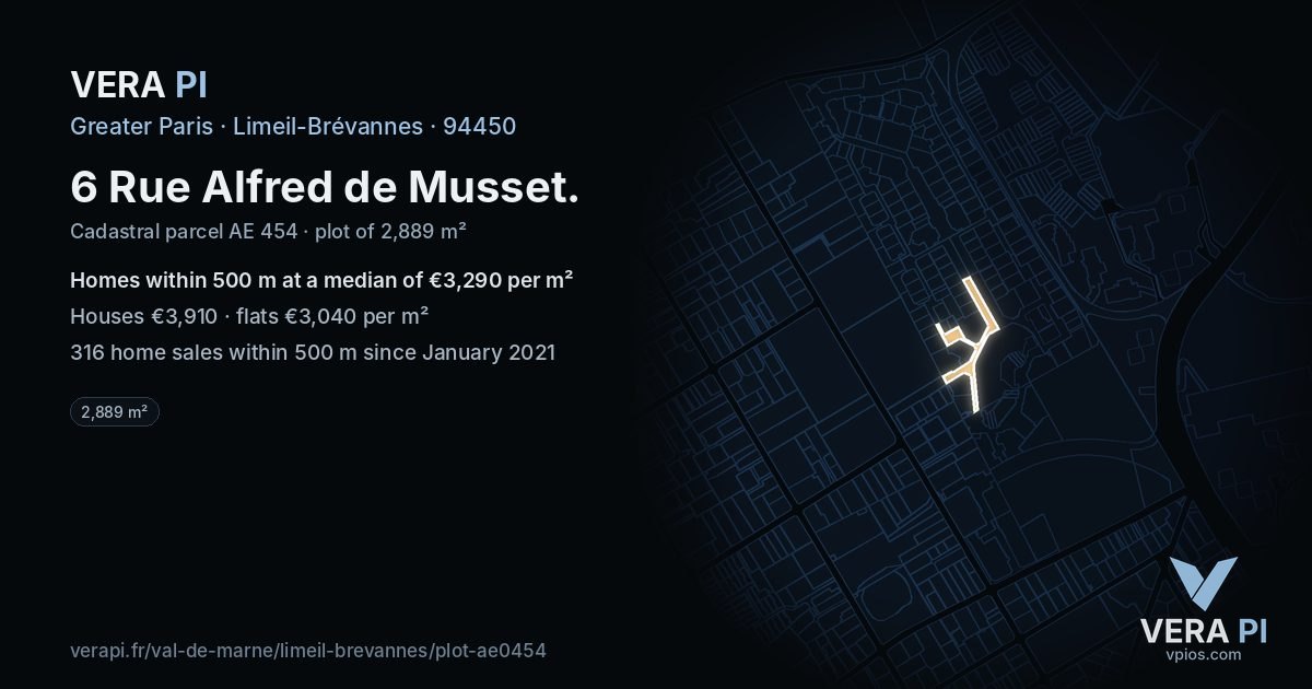 6 Rue Alfred de Musset, Limeil-Brévannes at night – the plot lit, the parcels around coloured by the prices near them