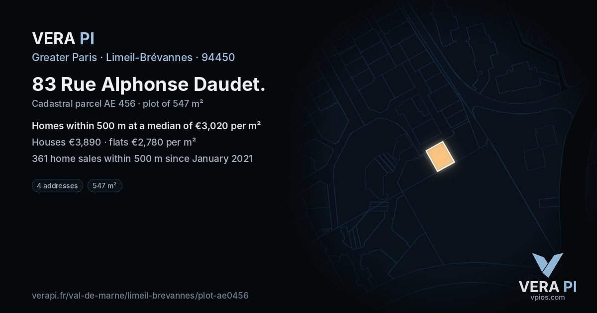 83 Rue Alphonse Daudet, Limeil-Brévannes at night – the plot lit, the parcels around coloured by the prices near them