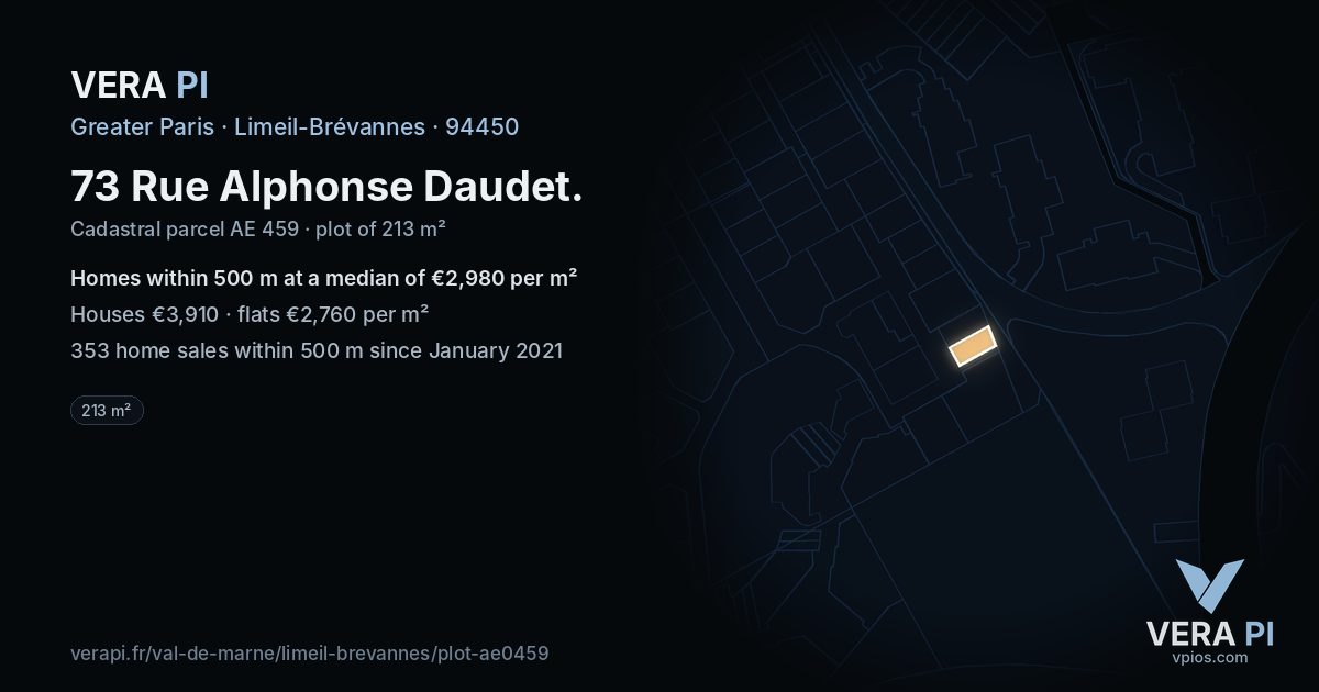 73 Rue Alphonse Daudet, Limeil-Brévannes at night – the plot lit, the parcels around coloured by the prices near them