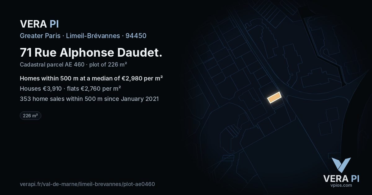 71 Rue Alphonse Daudet, Limeil-Brévannes at night – the plot lit, the parcels around coloured by the prices near them