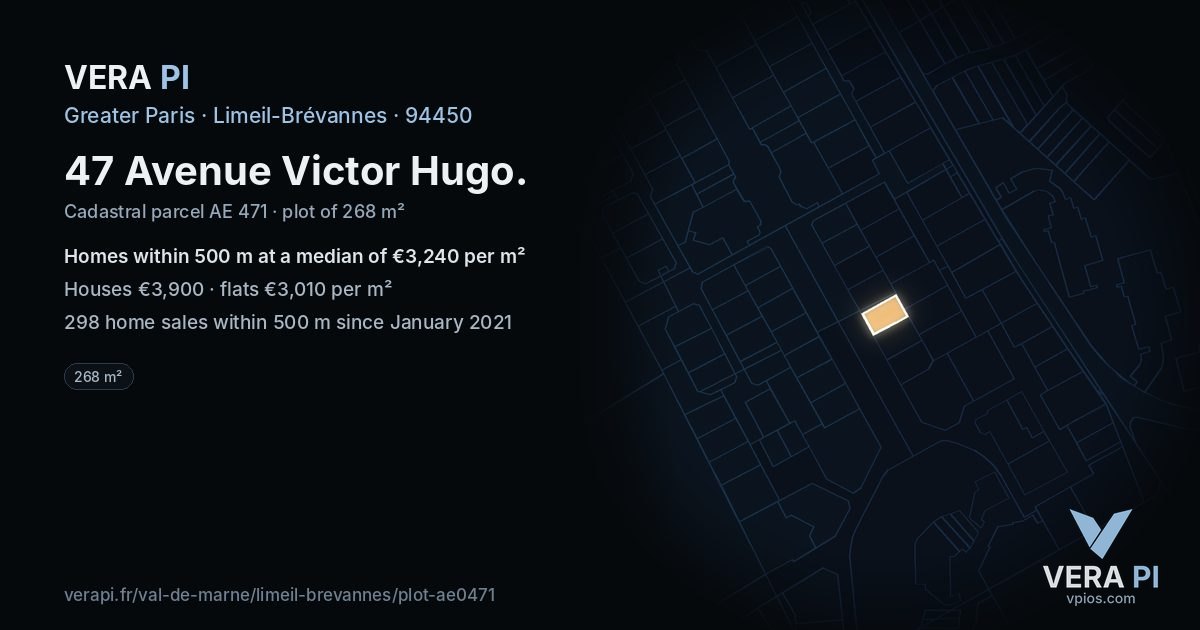 47 Avenue Victor Hugo, Limeil-Brévannes at night – the plot lit, the parcels around coloured by the prices near them