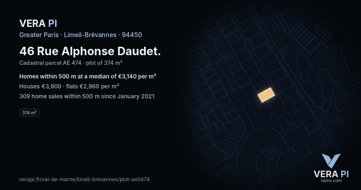 46 Rue Alphonse Daudet, Limeil-Brévannes at night – the plot lit, the parcels around coloured by the prices near them