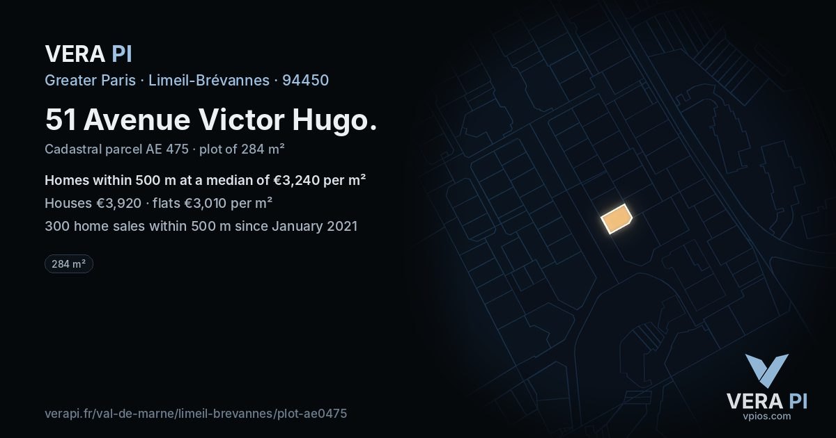 51 Avenue Victor Hugo, Limeil-Brévannes at night – the plot lit, the parcels around coloured by the prices near them
