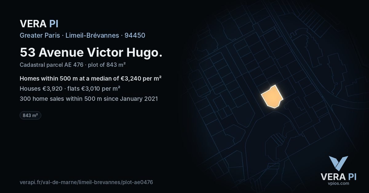 53 Avenue Victor Hugo, Limeil-Brévannes at night – the plot lit, the parcels around coloured by the prices near them