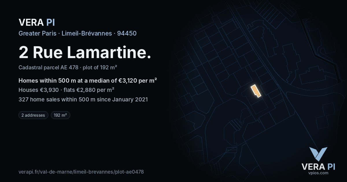 2 Rue Lamartine, Limeil-Brévannes at night – the plot lit, the parcels around coloured by the prices near them