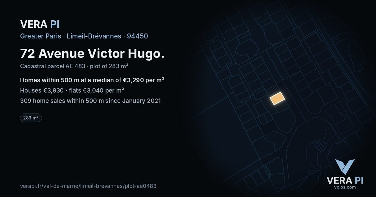 72 Avenue Victor Hugo, Limeil-Brévannes at night – the plot lit, the parcels around coloured by the prices near them
