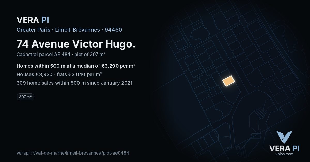 74 Avenue Victor Hugo, Limeil-Brévannes at night – the plot lit, the parcels around coloured by the prices near them