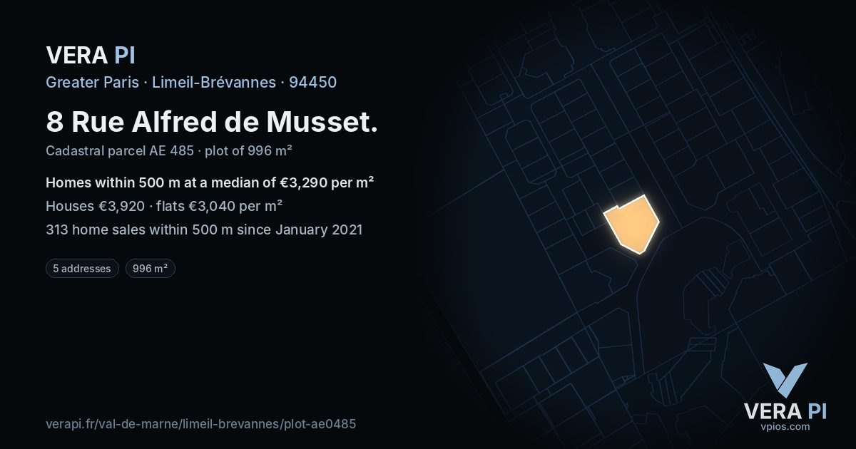 8 Rue Alfred de Musset, Limeil-Brévannes at night – the plot lit, the parcels around coloured by the prices near them