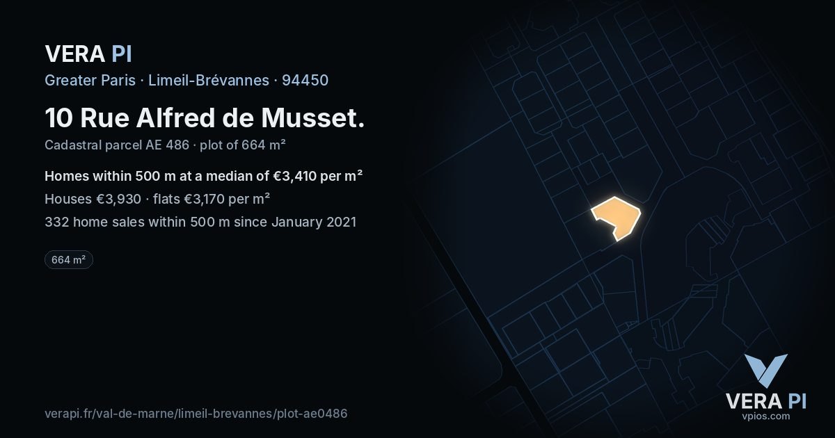 10 Rue Alfred de Musset, Limeil-Brévannes at night – the plot lit, the parcels around coloured by the prices near them