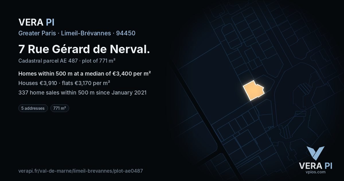 7 Rue Gérard de Nerval, Limeil-Brévannes at night – the plot lit, the parcels around coloured by the prices near them