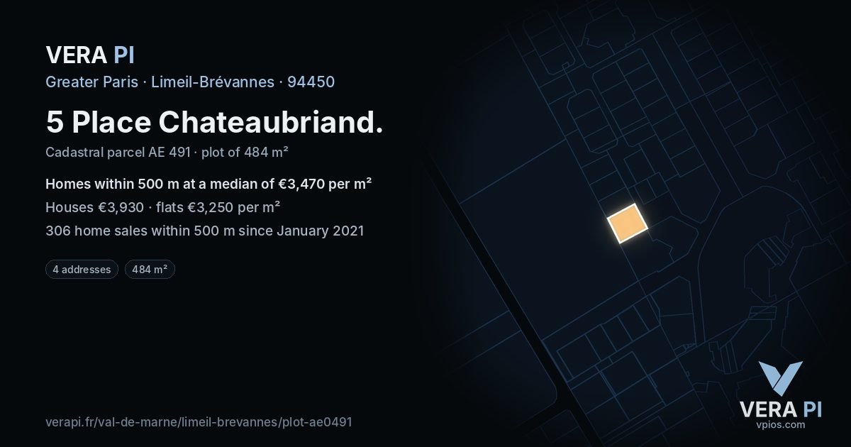 5 Place Chateaubriand, Limeil-Brévannes at night – the plot lit, the parcels around coloured by the prices near them