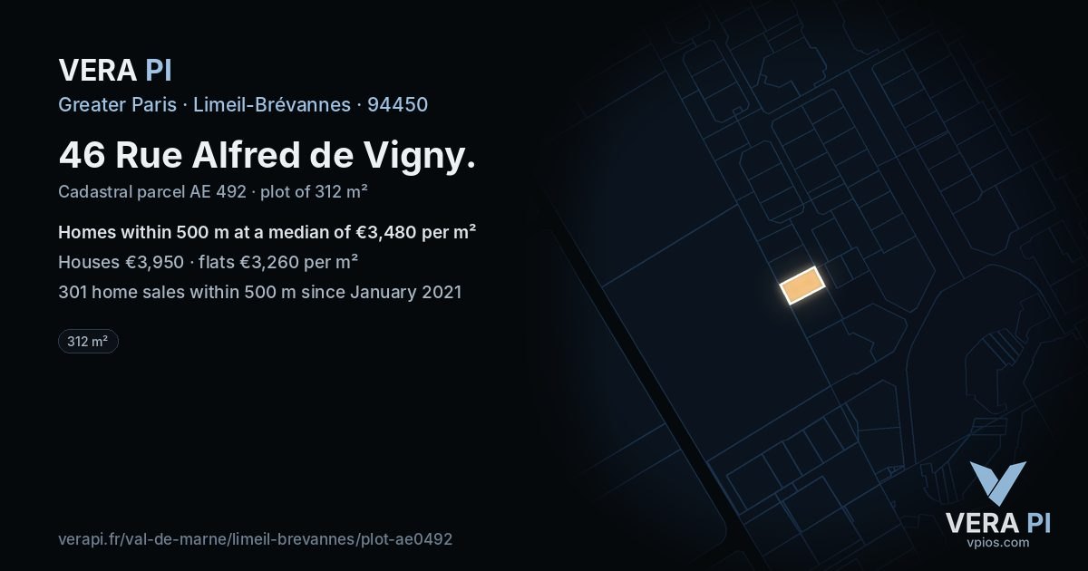 46 Rue Alfred de Vigny, Limeil-Brévannes at night – the plot lit, the parcels around coloured by the prices near them