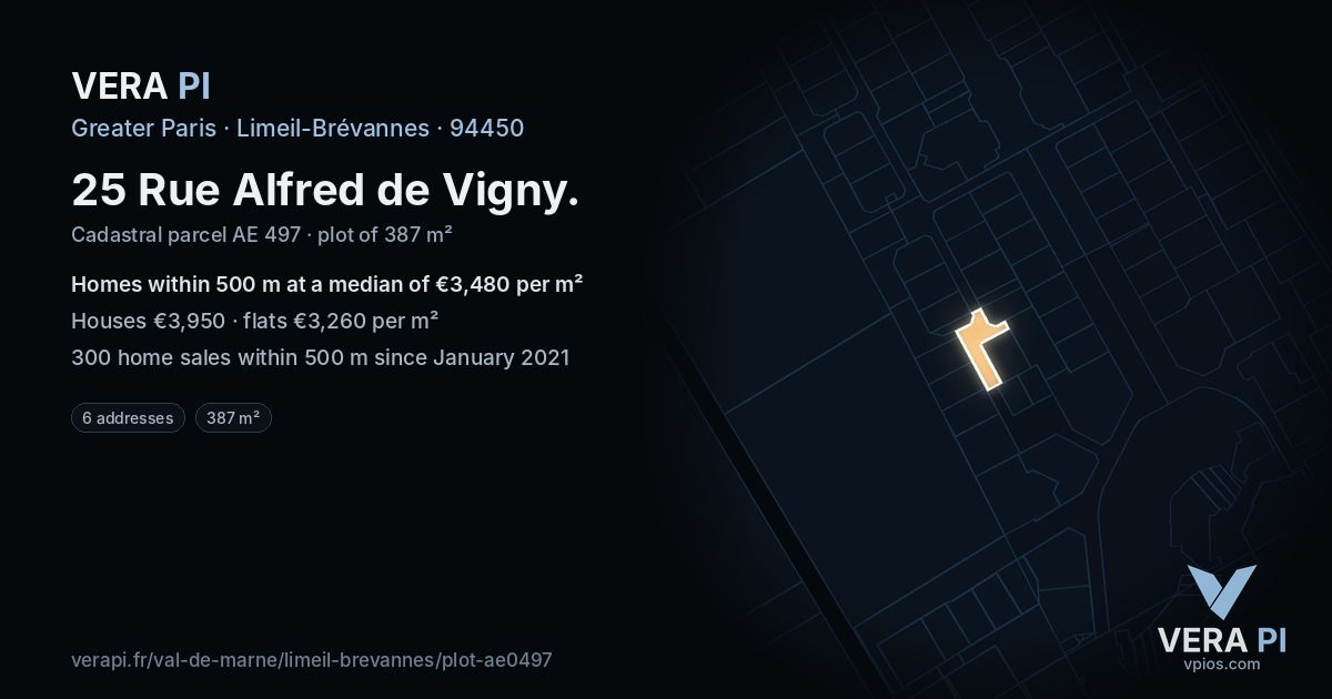 25 Rue Alfred de Vigny, Limeil-Brévannes at night – the plot lit, the parcels around coloured by the prices near them