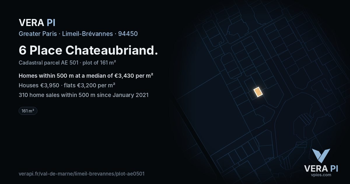 6 Place Chateaubriand, Limeil-Brévannes at night – the plot lit, the parcels around coloured by the prices near them