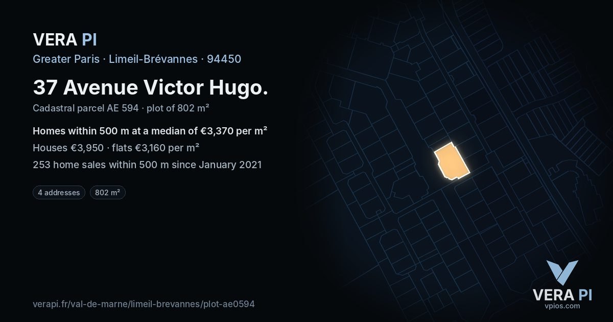 37 Avenue Victor Hugo, Limeil-Brévannes at night – the plot lit, the parcels around coloured by the prices near them