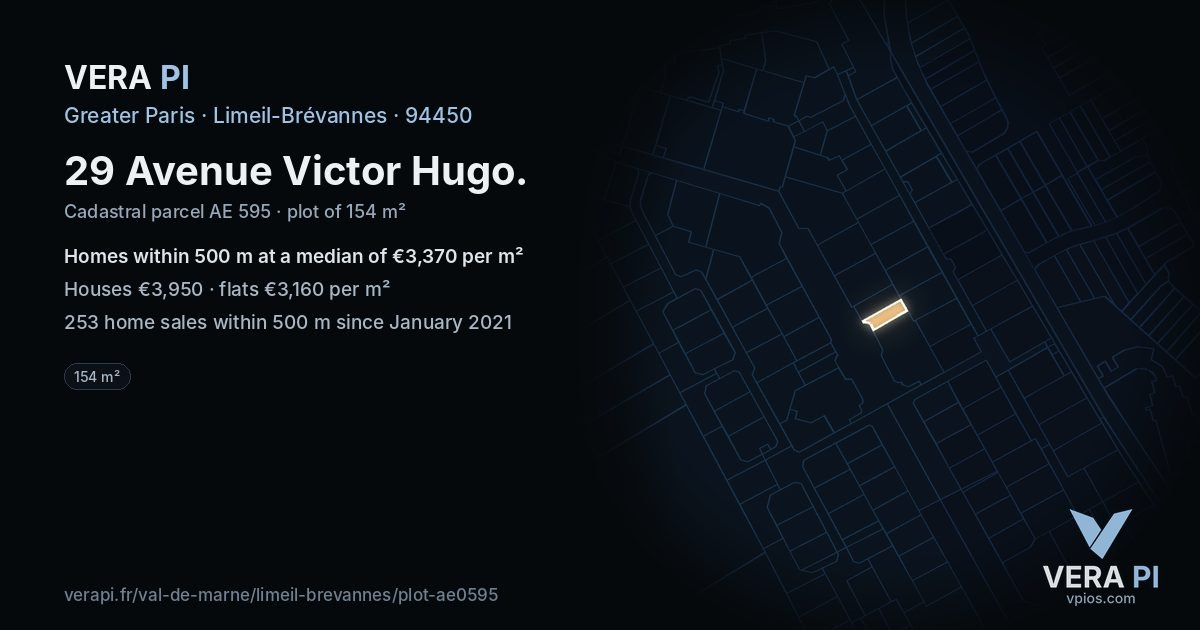 29 Avenue Victor Hugo, Limeil-Brévannes at night – the plot lit, the parcels around coloured by the prices near them