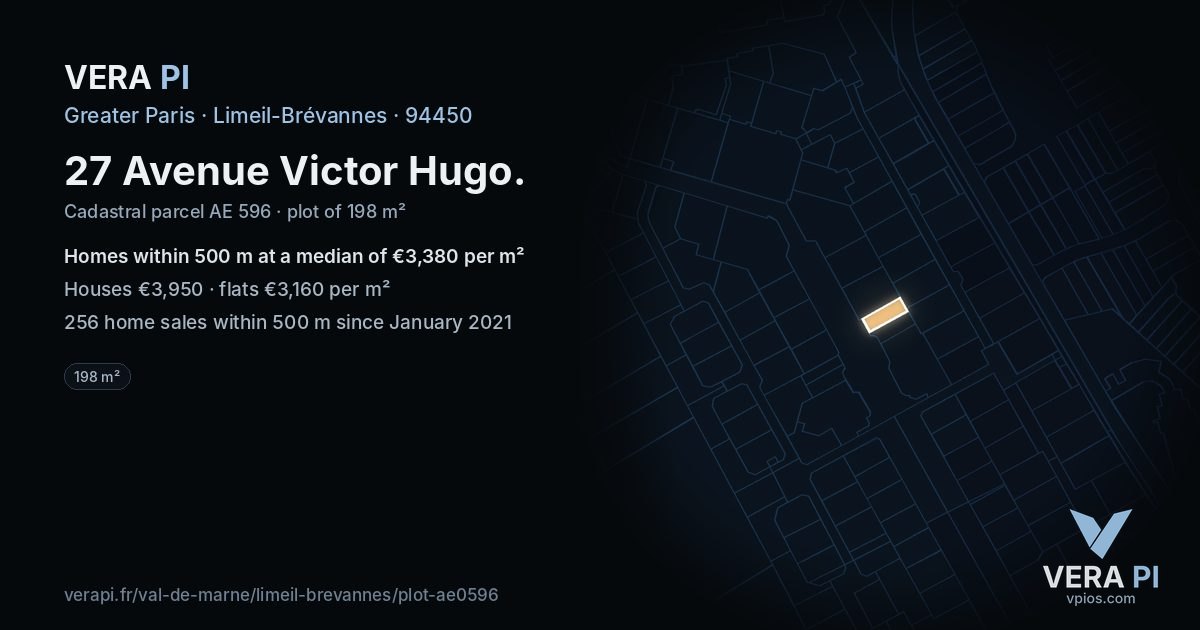 27 Avenue Victor Hugo, Limeil-Brévannes at night – the plot lit, the parcels around coloured by the prices near them