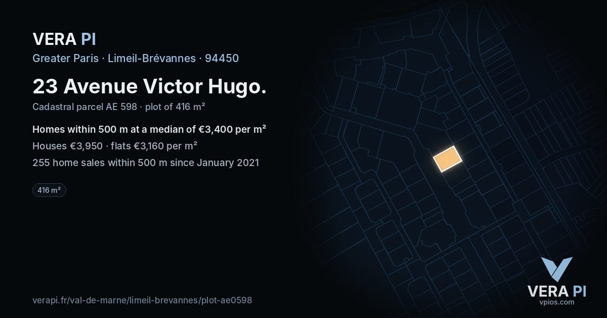 23 Avenue Victor Hugo, Limeil-Brévannes at night – the plot lit, the parcels around coloured by the prices near them