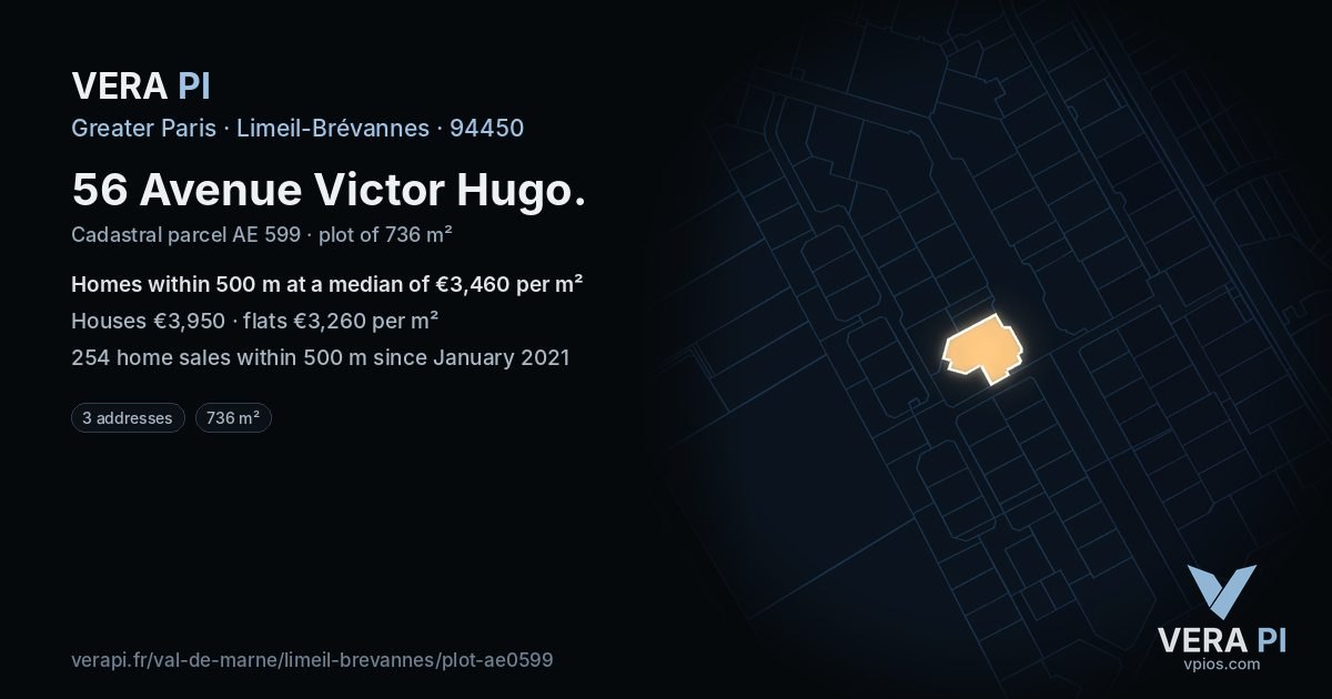 56 Avenue Victor Hugo, Limeil-Brévannes at night – the plot lit, the parcels around coloured by the prices near them