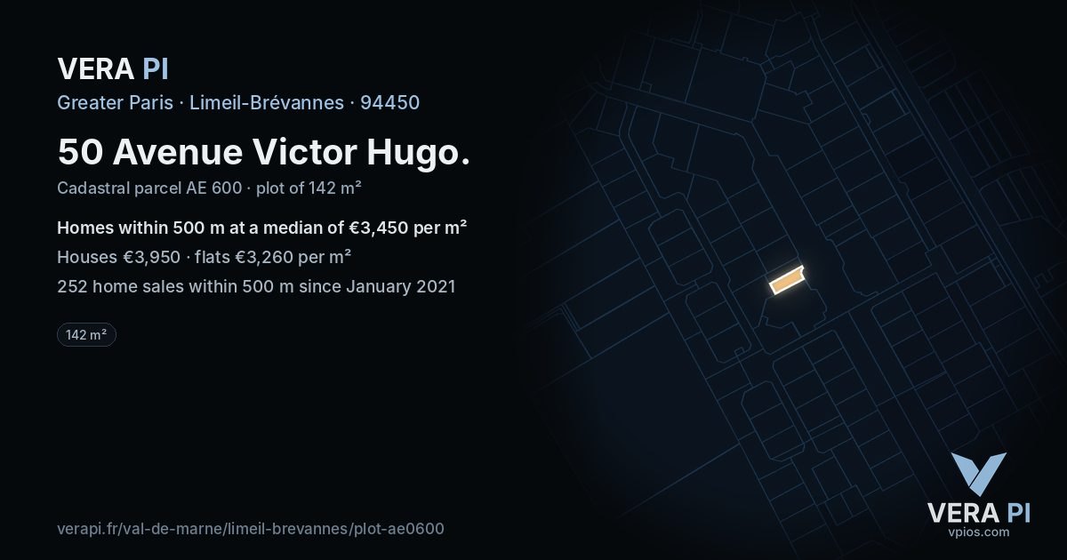 50 Avenue Victor Hugo, Limeil-Brévannes at night – the plot lit, the parcels around coloured by the prices near them
