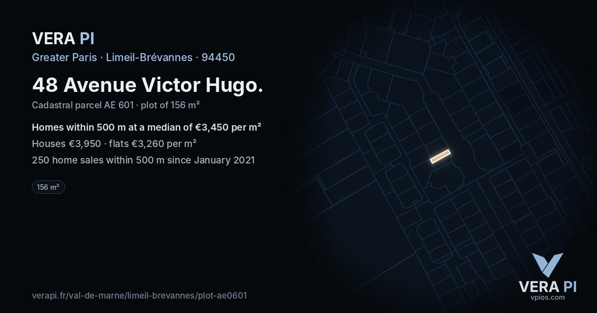48 Avenue Victor Hugo, Limeil-Brévannes at night – the plot lit, the parcels around coloured by the prices near them