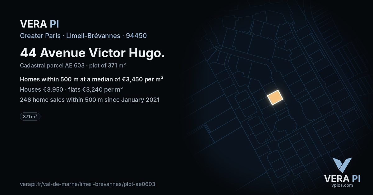 44 Avenue Victor Hugo, Limeil-Brévannes at night – the plot lit, the parcels around coloured by the prices near them